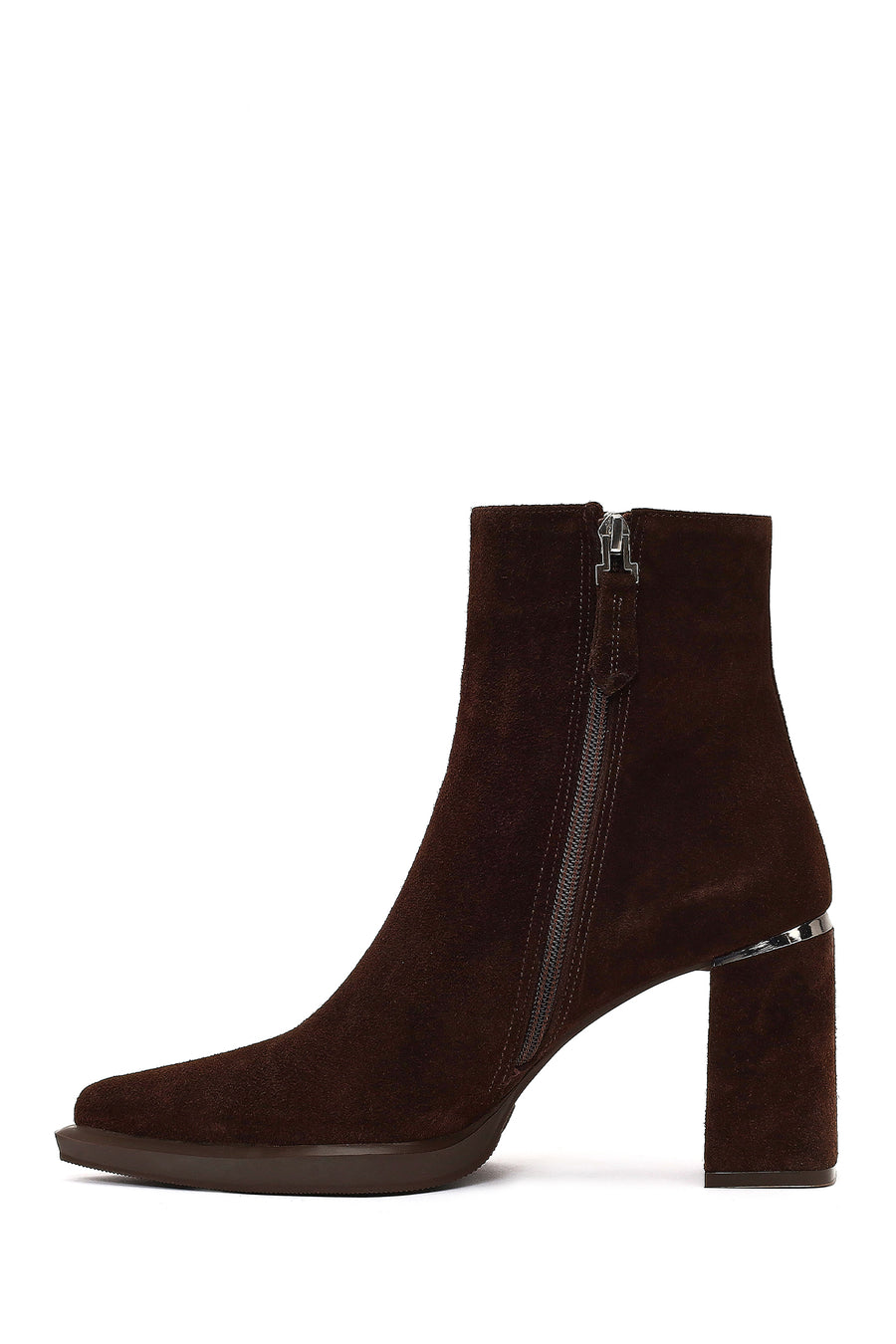 Women's Brown Zippered Suede Leather Thick Heeled Boots