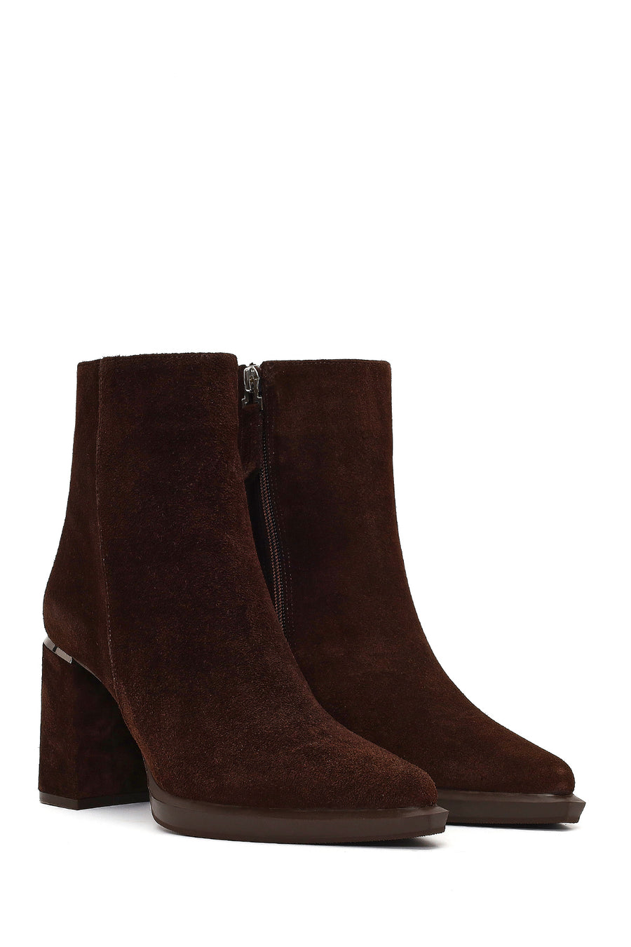 Women's Brown Zippered Suede Leather Thick Heeled Boots