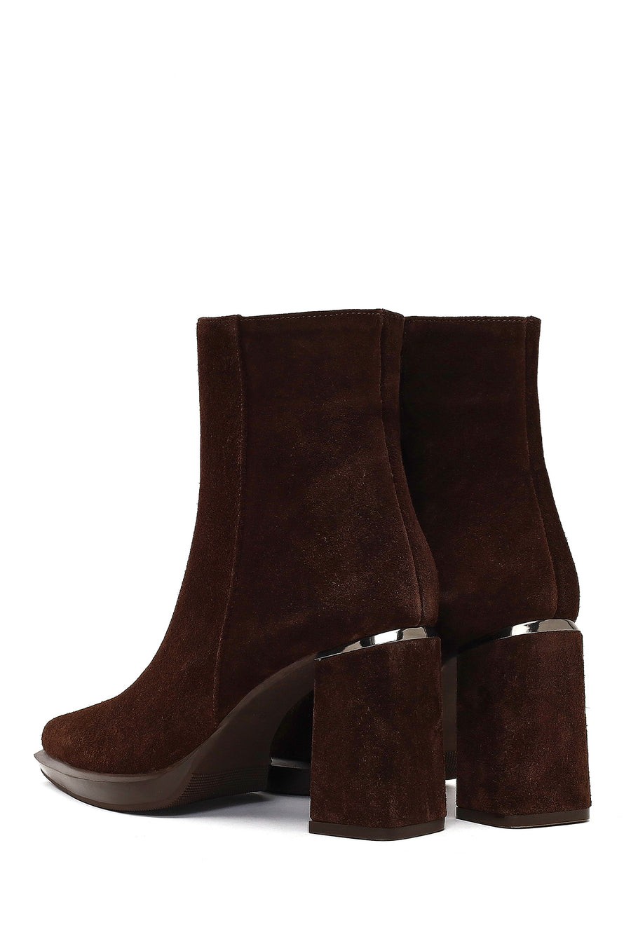 Women's Brown Zippered Suede Leather Thick Heeled Boots