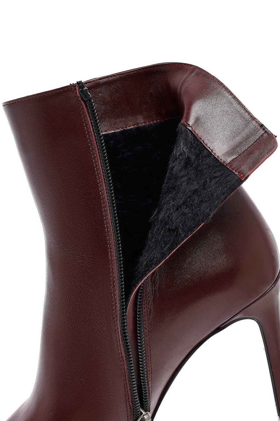 Woman Burgundy Zippered High Thin Heel Leather Boat