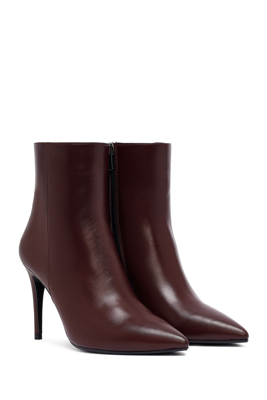 Woman Burgundy Zippered High Thin Heel Leather Boat