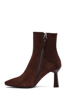 Woman Brown Zippered Stiletto Heel Suede Leather Boat | Derimod
