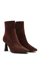 Woman Brown Zippered Stiletto Heel Suede Leather Boat | Derimod