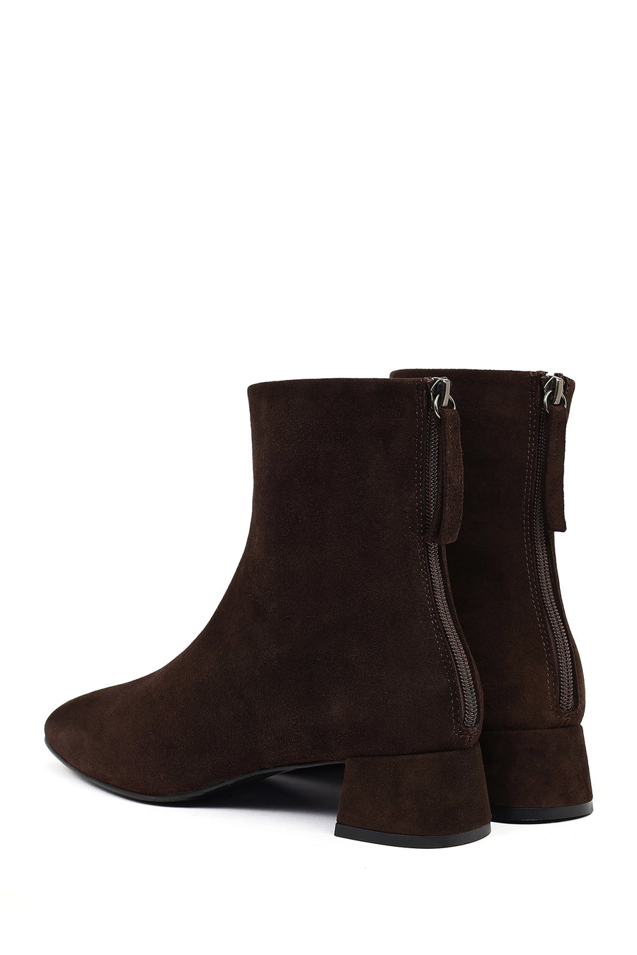 Women's Brown Zip-Up Short Chunky Heel Suede Leather Boots