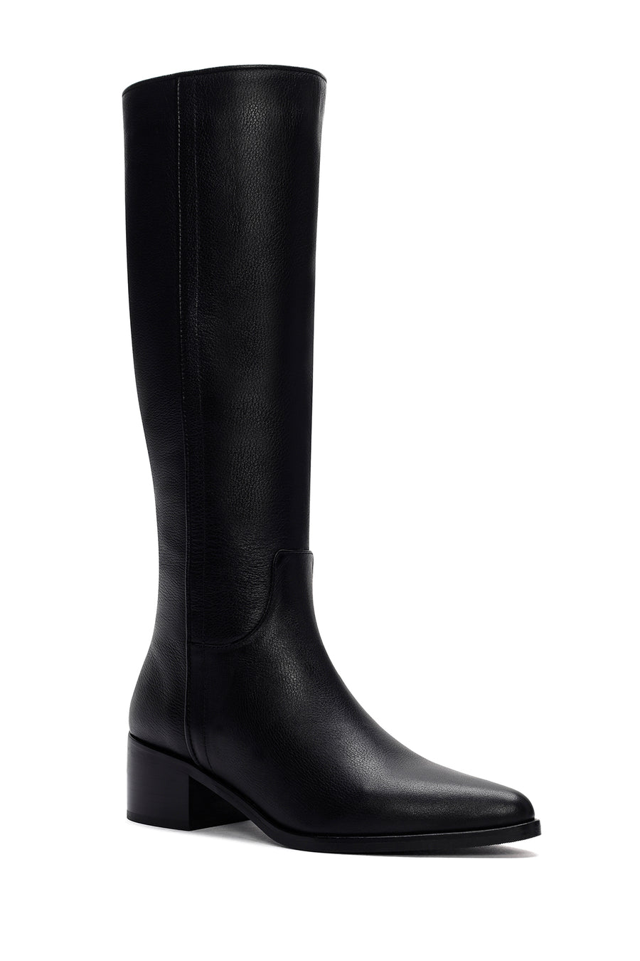 Woman Black Zippered Chunky Heels Leather Boot