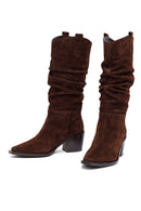 Woman Brown Chunky Heel Suede Leather Cowboy Boots | Derimod