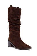 Woman Brown Chunky Heel Suede Leather Cowboy Boots | Derimod