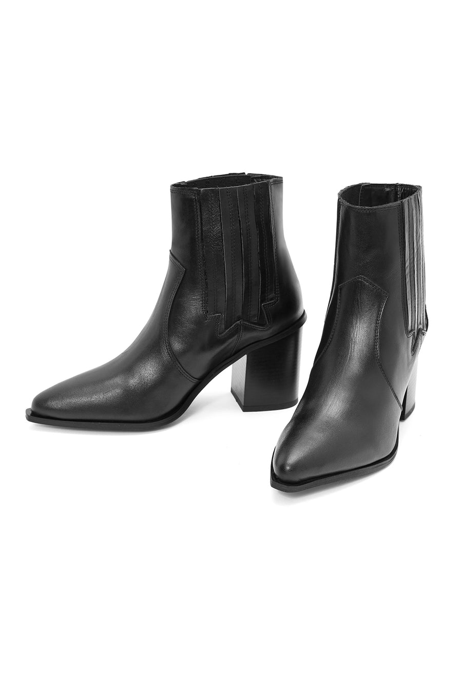 Woman Black Chunky Heels Leather Cowboy Boots