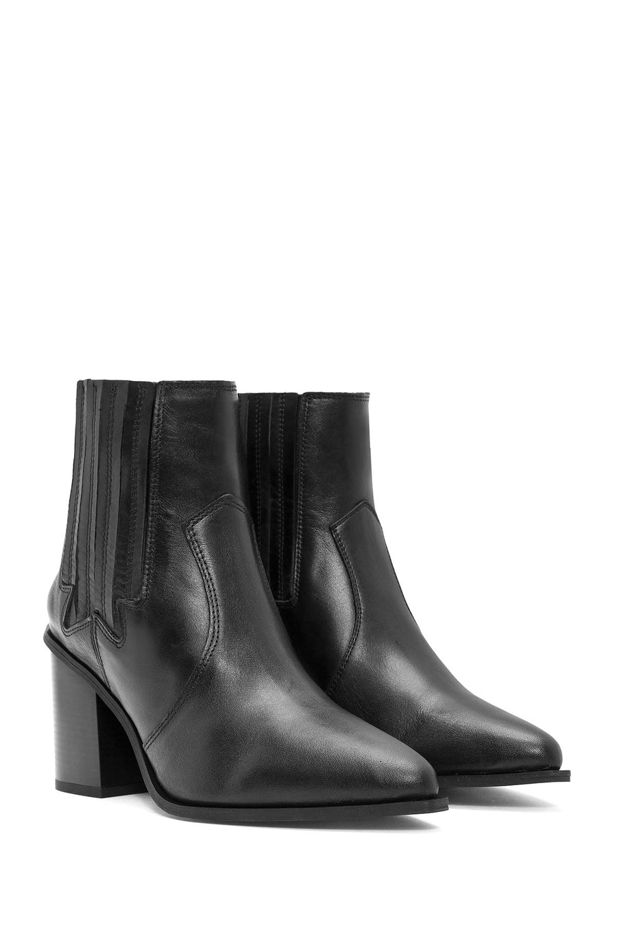 Woman Black Chunky Heels Leather Cowboy Boots