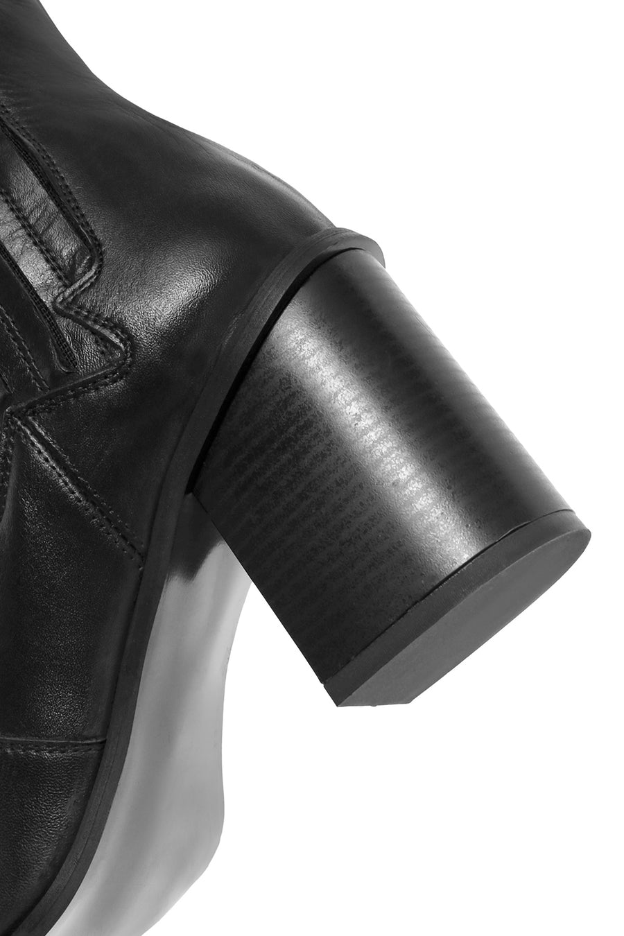 Woman Black Chunky Heels Leather Cowboy Boots