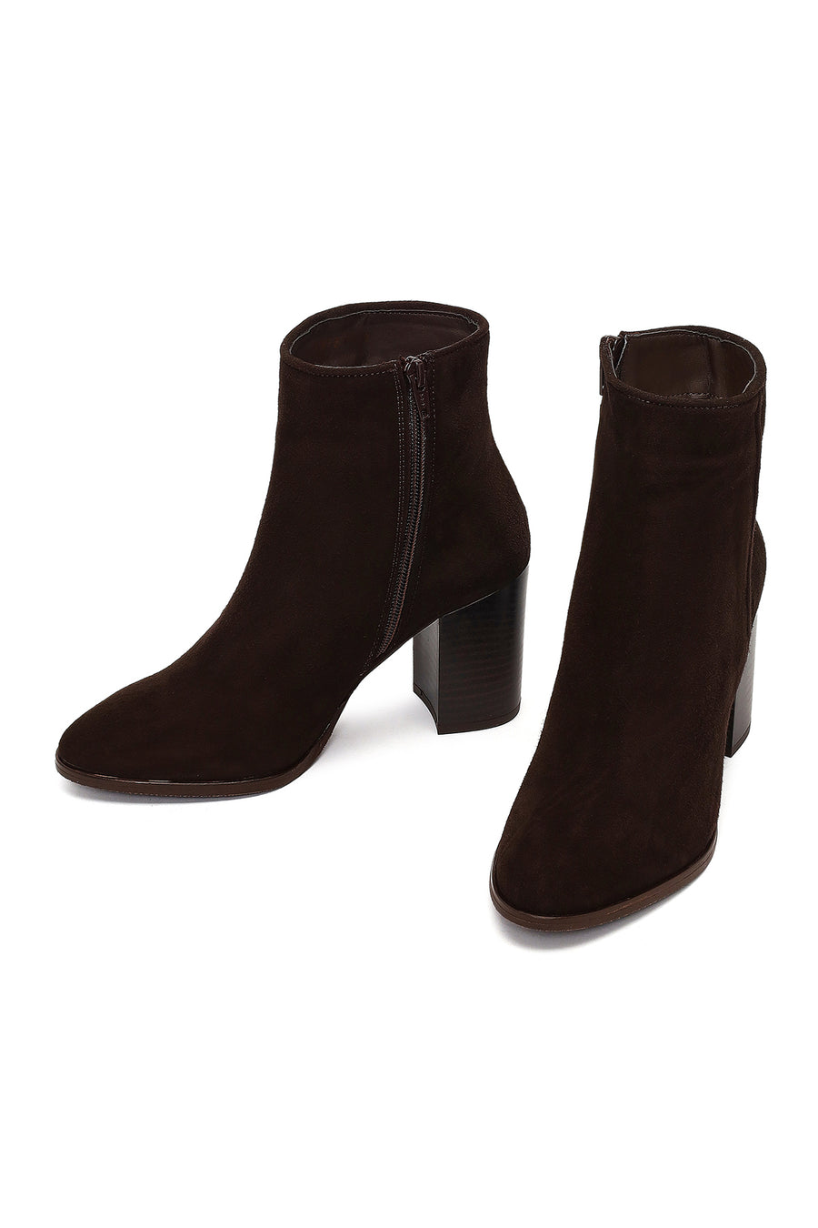 Women's Brown Zippered Thick Heeled Suede Leather Boot