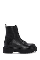 Woman Black Leather Zippered Combat Boots | Derimod