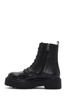 Woman Black Leather Zippered Combat Boots | Derimod