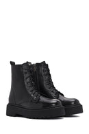 Woman Black Leather Zippered Combat Boots | Derimod
