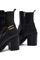 Women's Black Buckle Chunky Heel Leather Boots | Derimod