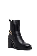 Women's Black Buckle Chunky Heel Leather Boots | Derimod
