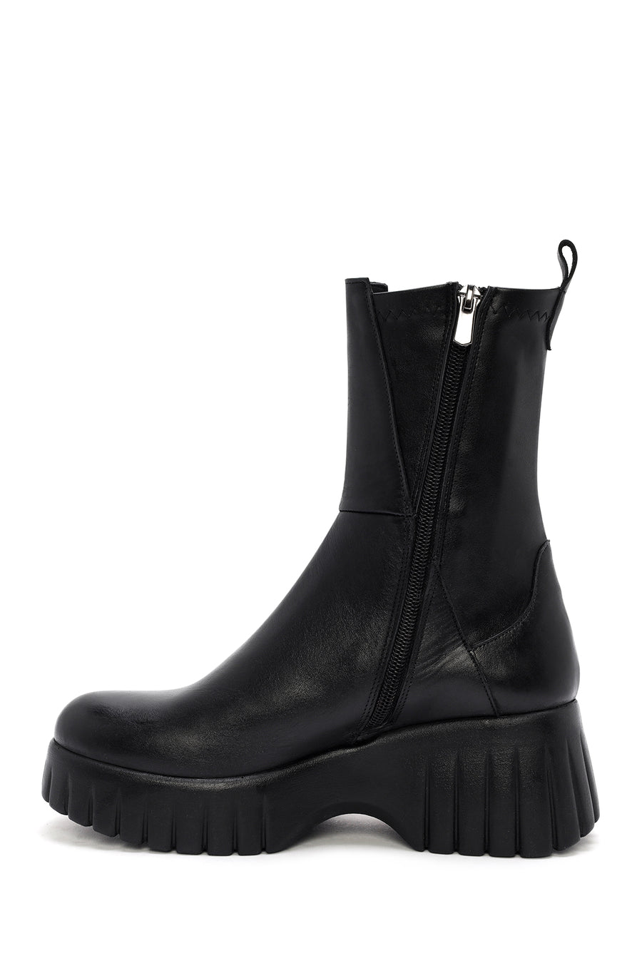 Woman Black Thick-Soled Zippered Leather Boat