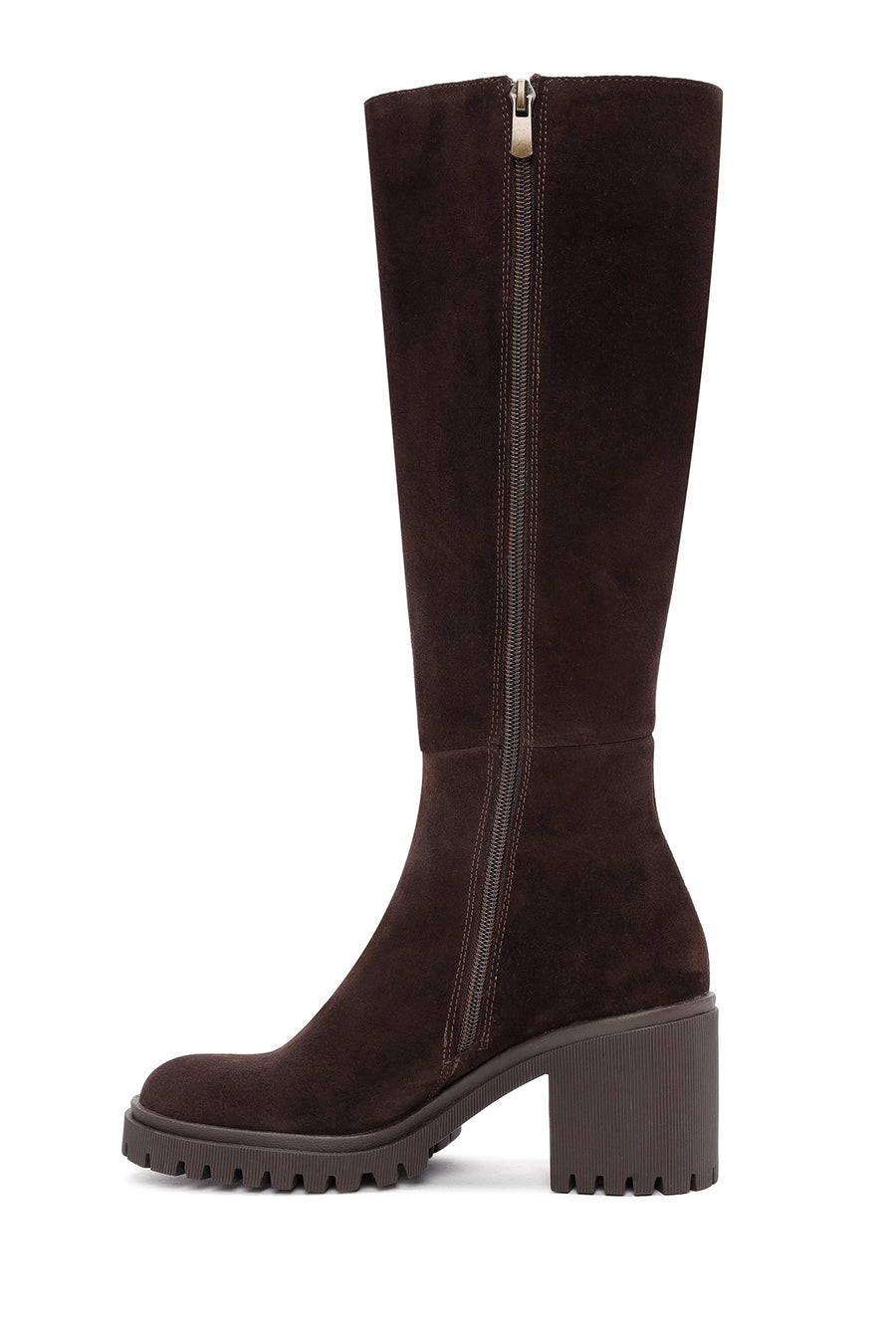 Woman Brown Zippered Chunky Heel Suede Leather Boot