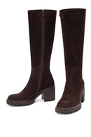Woman Brown Zippered Chunky Heel Suede Leather Boot | Derimod