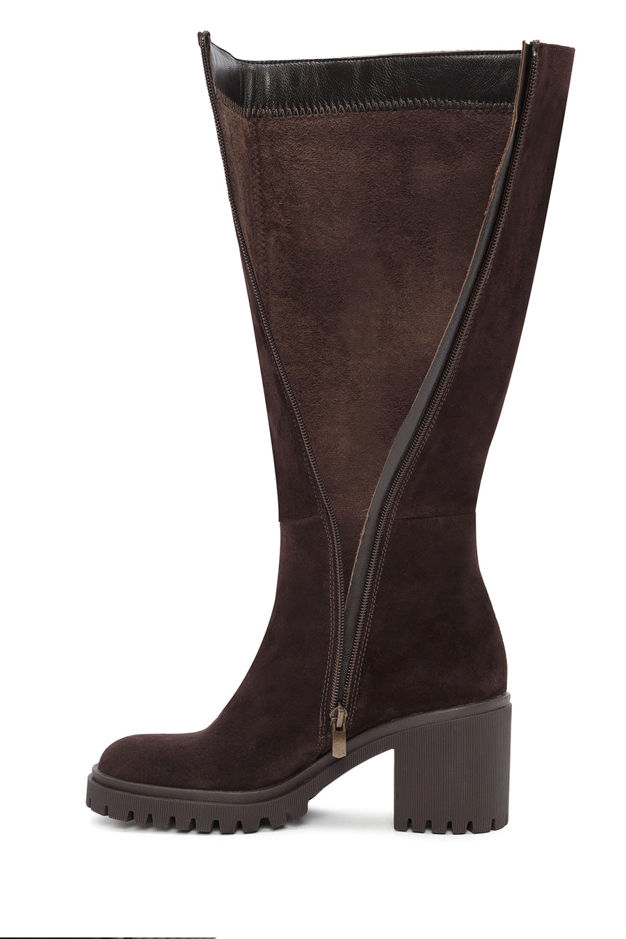Woman Brown Zippered Chunky Heel Suede Leather Boot