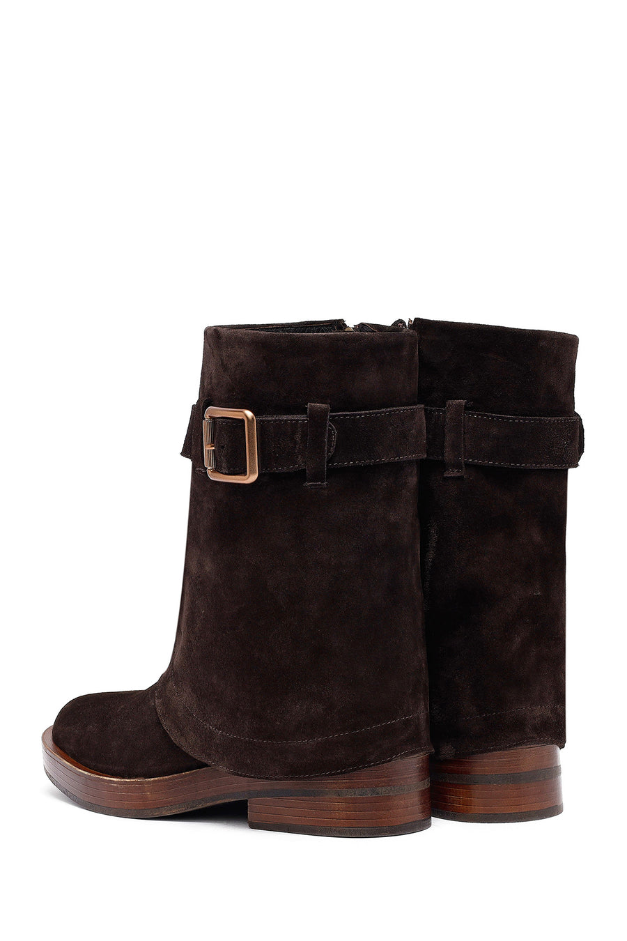 Women's Brown Zippered Suede Leather Biker Boots