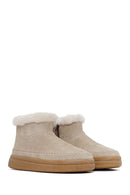 Woman Beige Zippered Thick-Soled Suede Leather Teddy Bot | Derimod