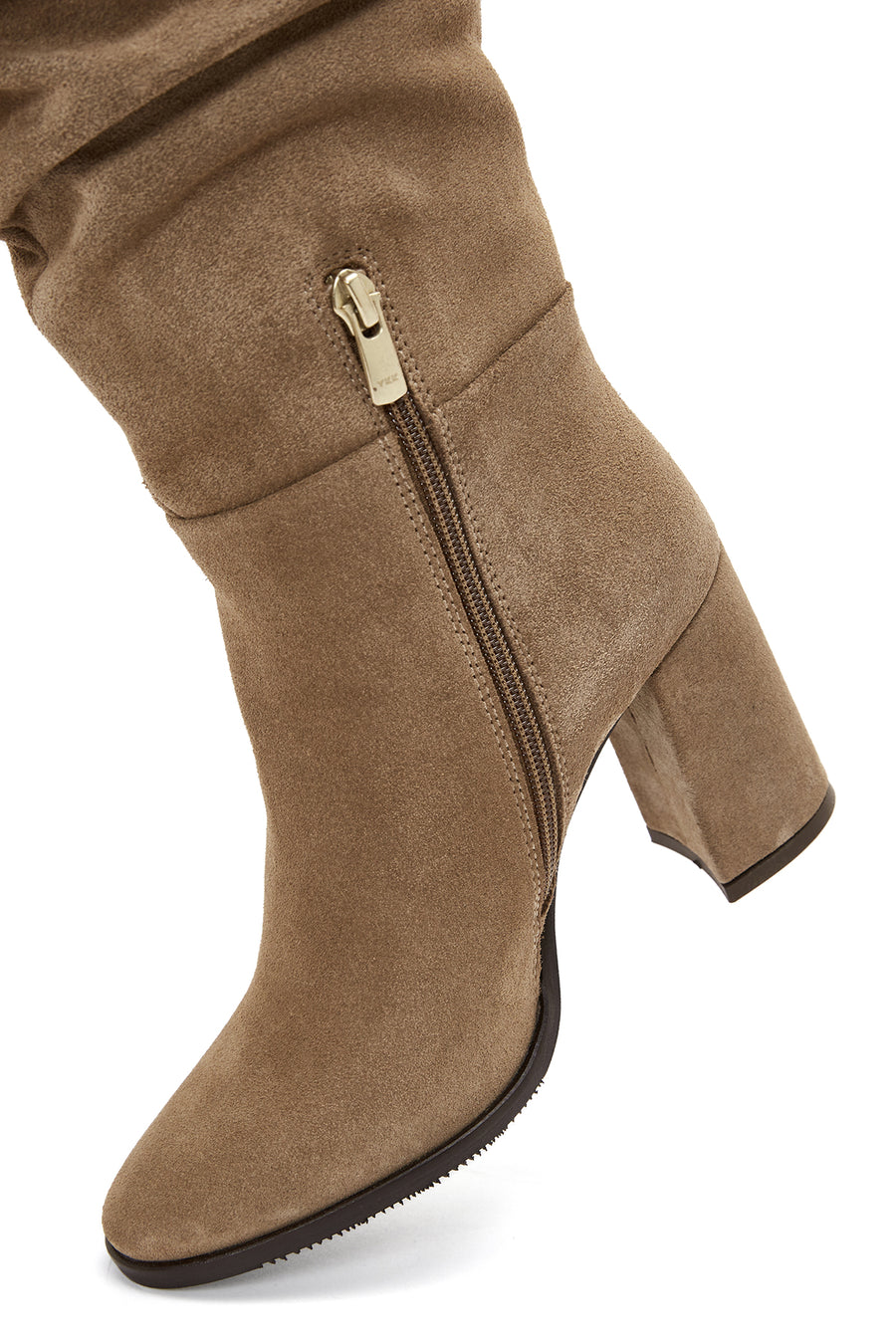 Woman Tan Zippered Chunky Heel Suede Leather Boot