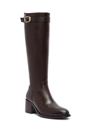 Woman Brown Zippered Chunky Heels Leather Boot | Derimod