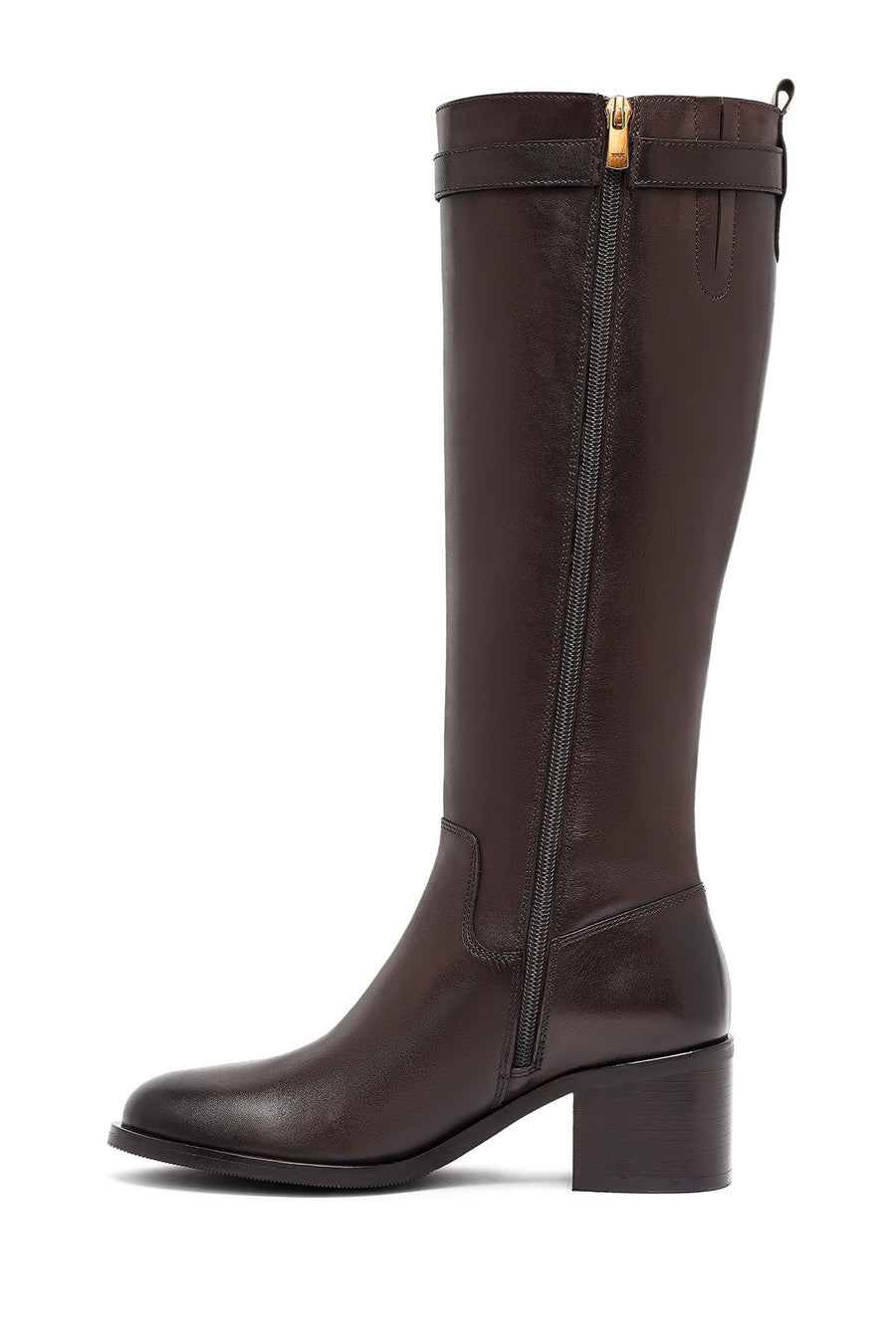Woman Brown Zippered Chunky Heels Leather Boot