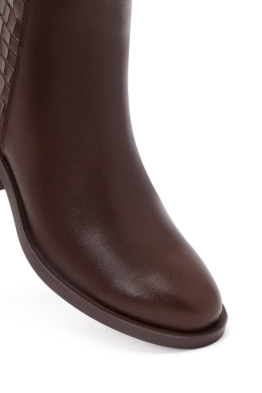 Women's Brown Zippered Short Thick Heeled Leather Boot