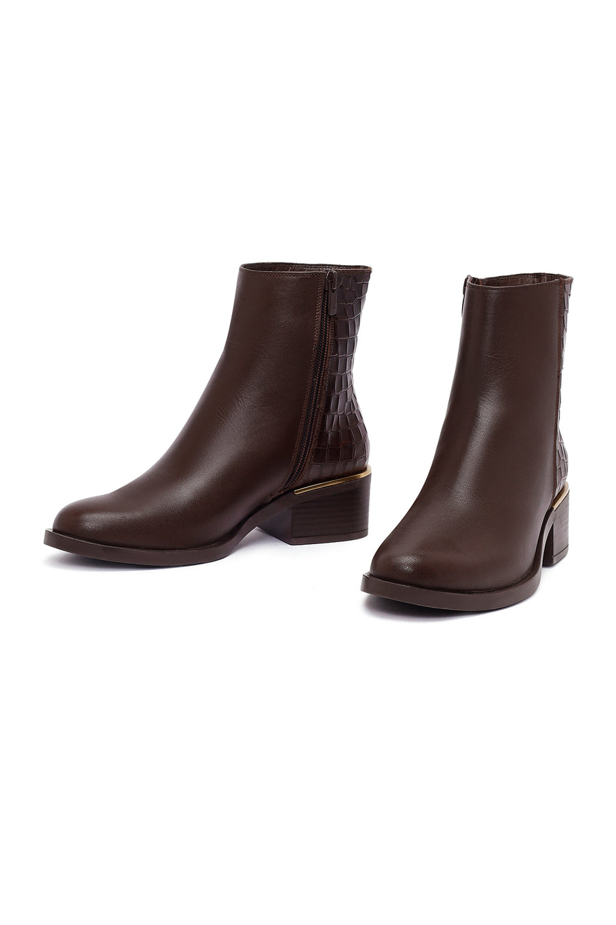 Women's Brown Zippered Short Thick Heeled Leather Boot