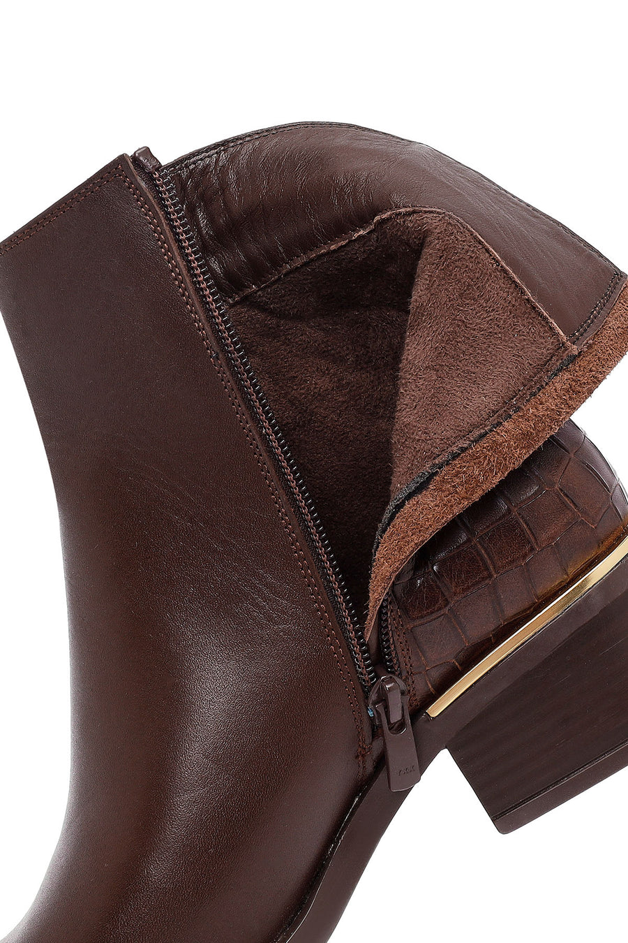 Women's Brown Zippered Short Thick Heeled Leather Boot