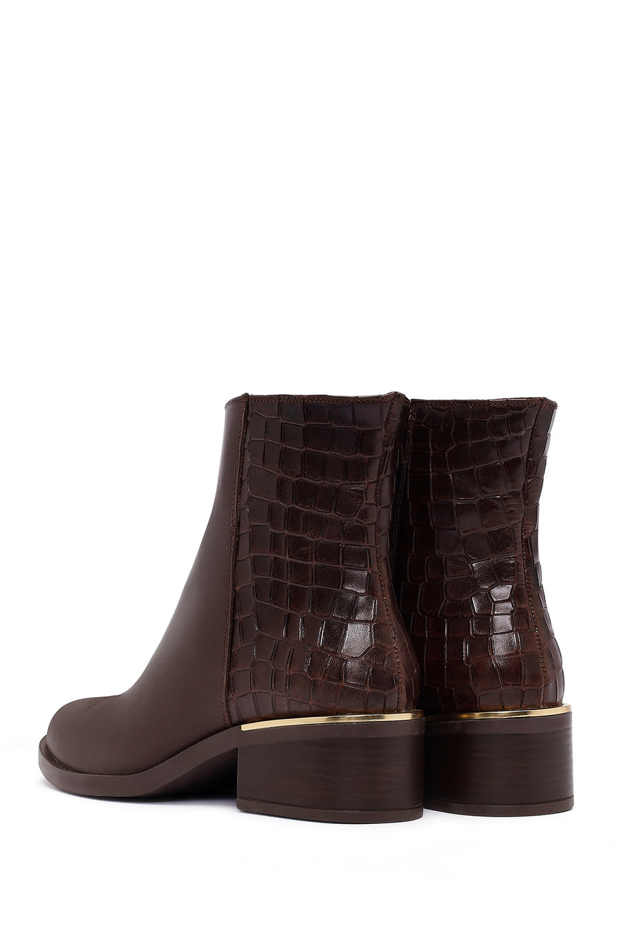 Women's Brown Zippered Short Thick Heeled Leather Boot
