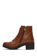 Woman Tan Zippered Chunky Heel Leather Casual Boots | Derimod