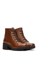 Woman Tan Zippered Chunky Heel Leather Casual Boots | Derimod