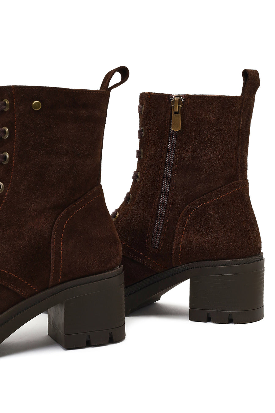 Women's Brown Zippered Thick Heeled Suede Leather Boot