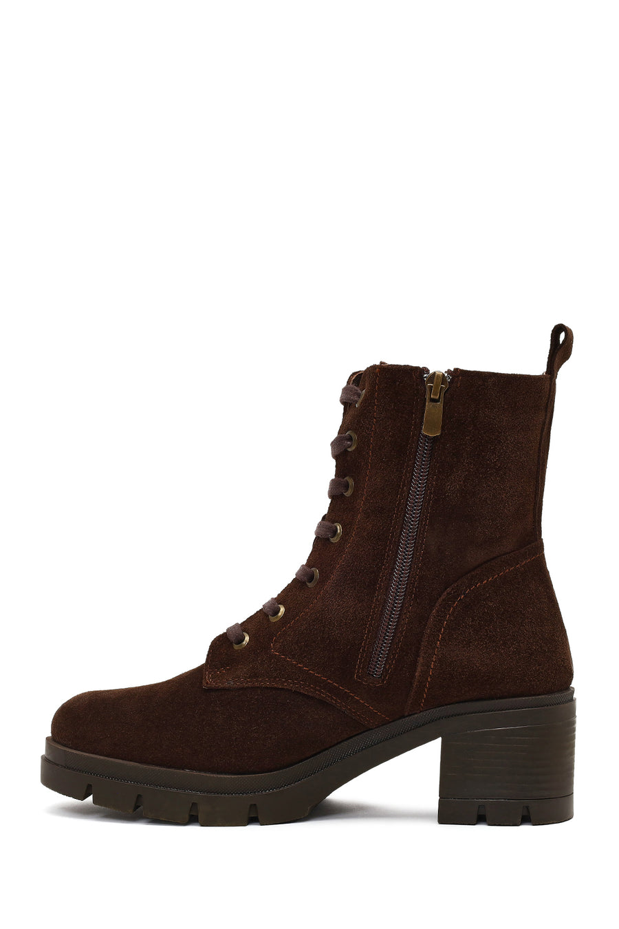 Women's Brown Zippered Thick Heeled Suede Leather Boot