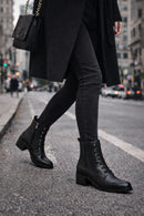 Women's Black Zippered Thick Heeled Leather Boot | Derimod