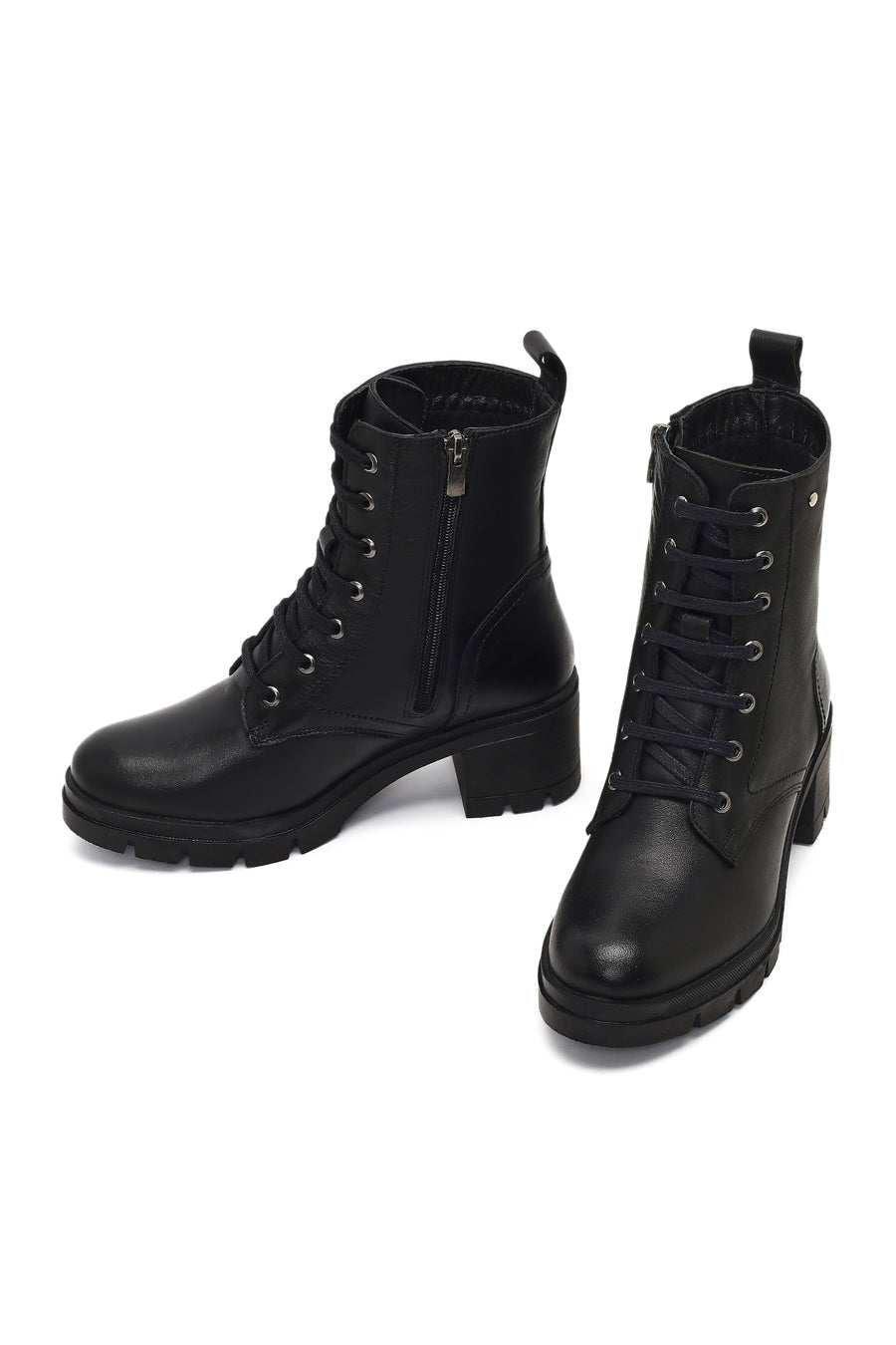 Women's Black Zippered Thick Heeled Leather Boot