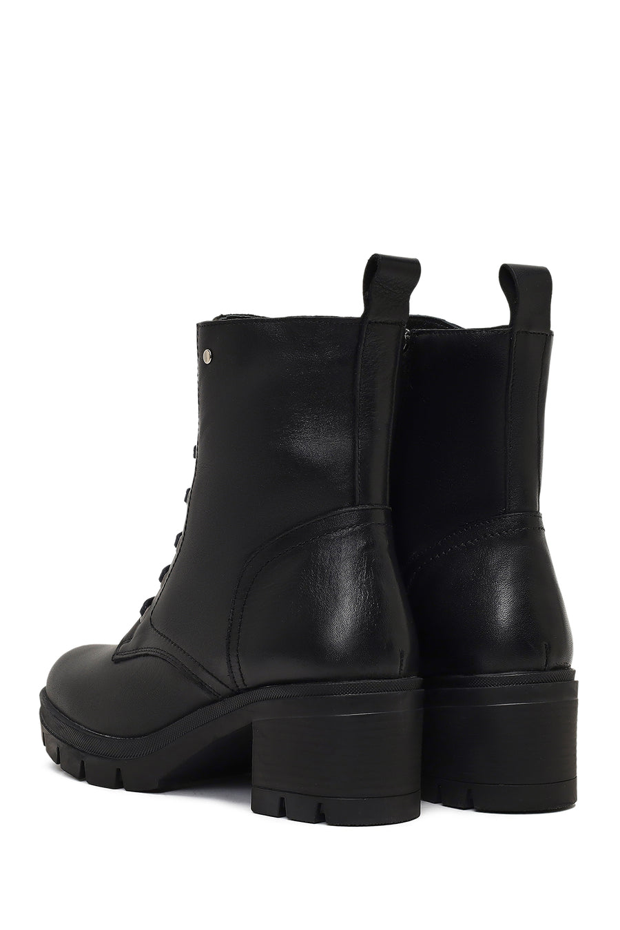 Women's Black Zippered Thick Heeled Leather Boot
