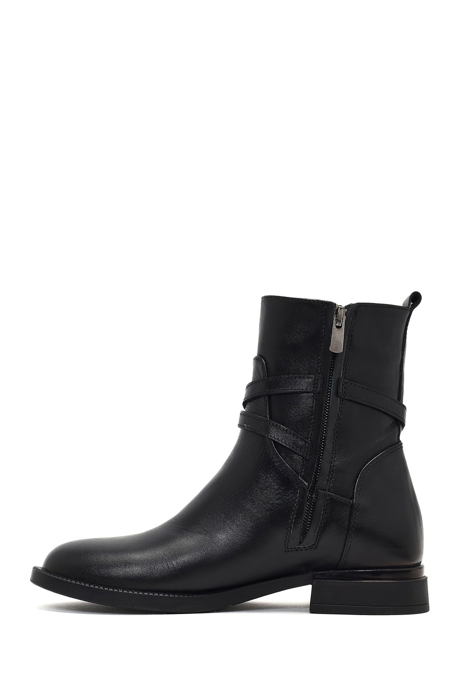 Women's Black Zippered Buckled Leather Boot