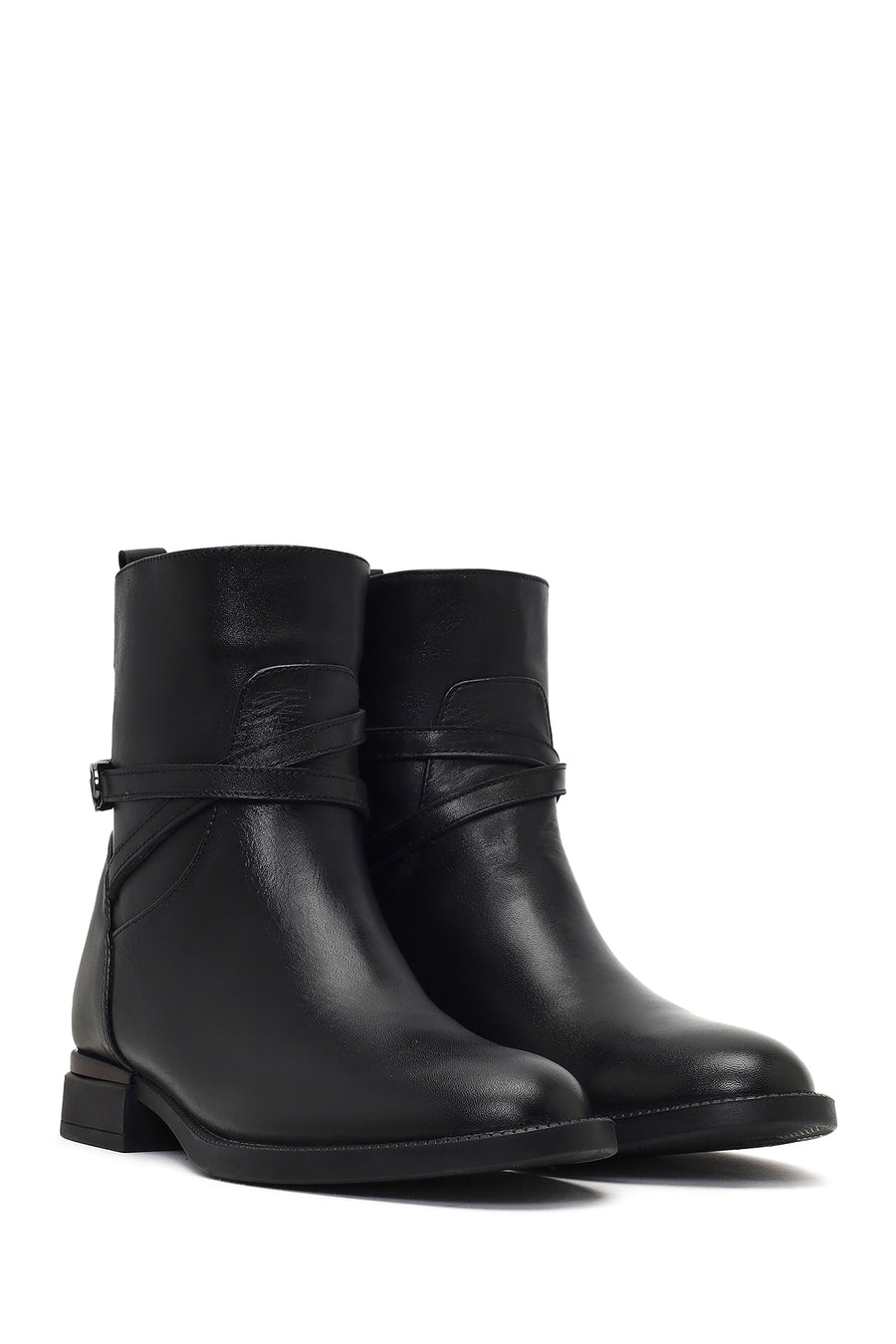 Women's Black Zippered Buckled Leather Boot