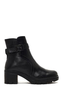 Women's Black Zippered Thick Heeled Leather Boot | Derimod