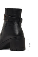 Women's Black Zippered Thick Heeled Leather Boot | Derimod