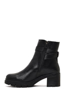 Women's Black Zippered Thick Heeled Leather Boot | Derimod