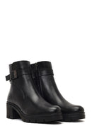 Women's Black Zippered Thick Heeled Leather Boot | Derimod
