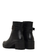 Women's Black Zippered Thick Heeled Leather Boot | Derimod