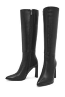Women's Black Zippered Thin High Heel Leather Boot | Derimod