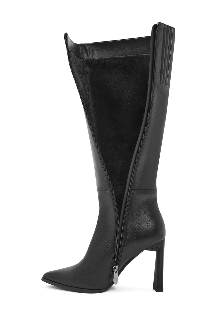 Women's Black Zippered Thin High Heel Leather Boot