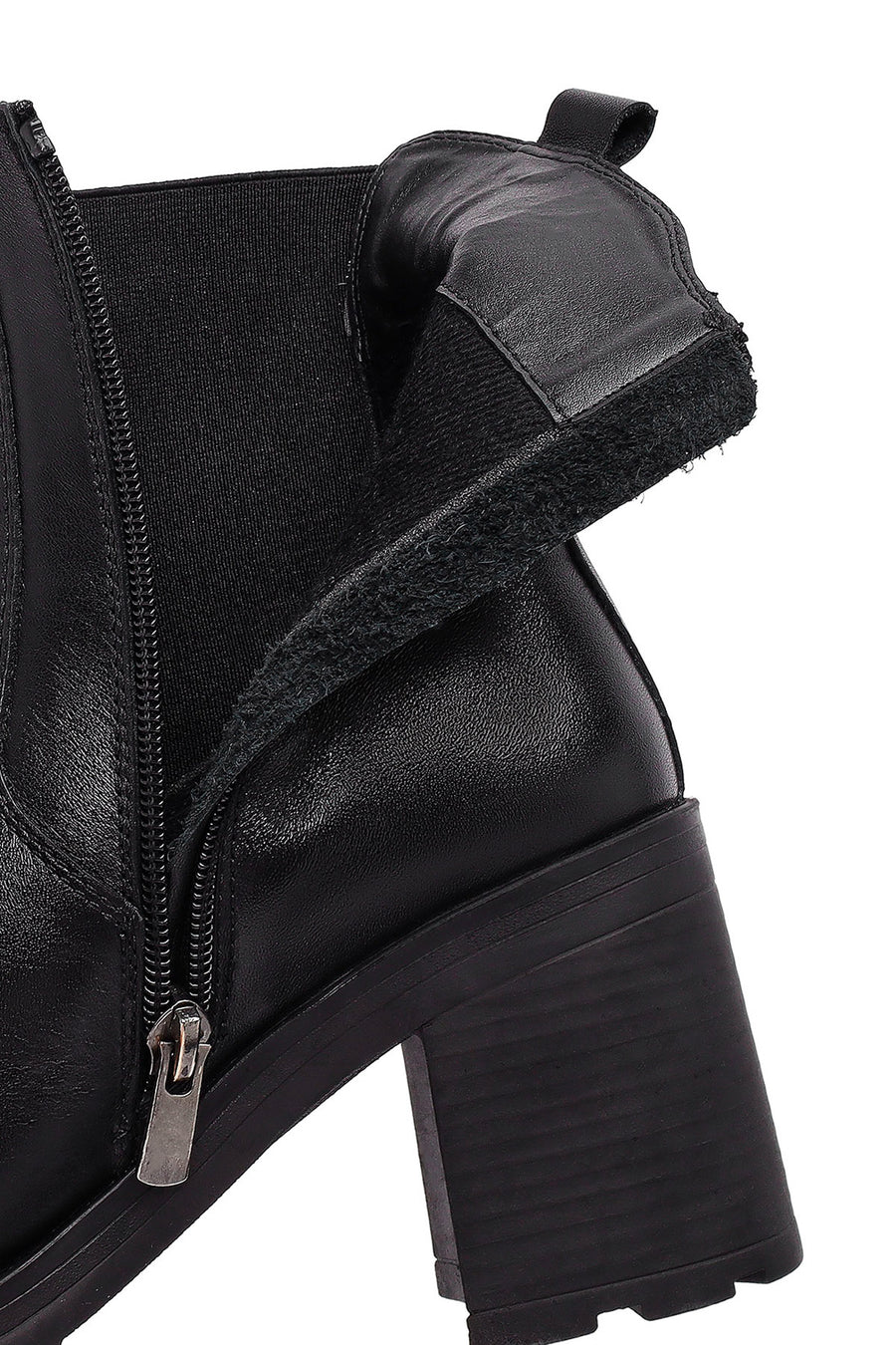 Women's Black Zippered Thick Heeled Leather Boot